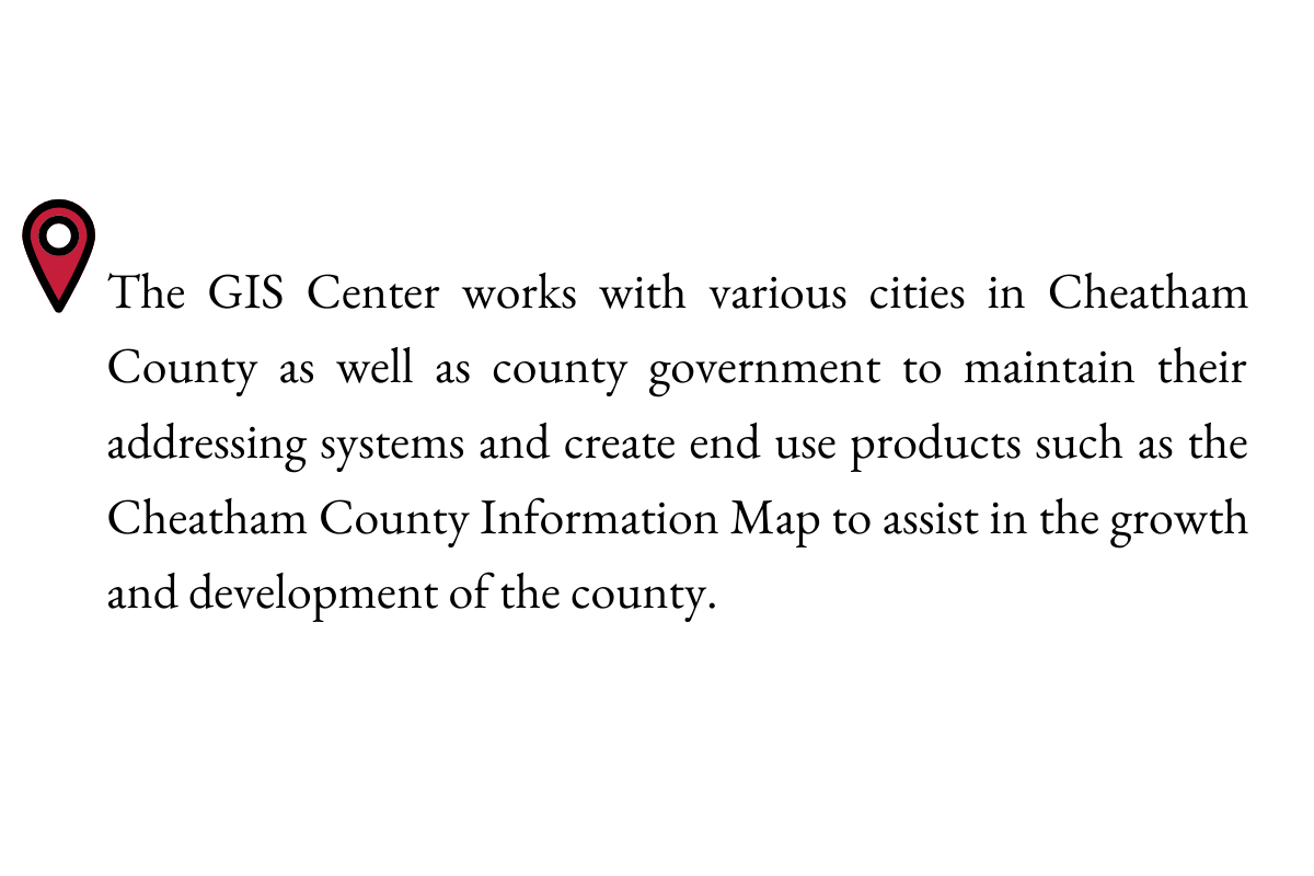 The GIS Center works with various cities in Cheatham County as well as county government to maintain their addressing systems and create end use products such as the cheatham county information map to assist in the growth and development of the county.
